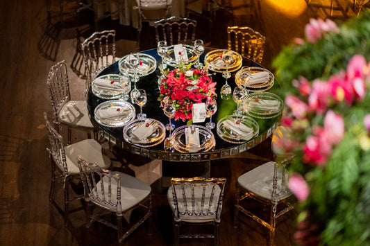 Elegantly plated wedding table setting with seasonal spring florals and coastal décor — representative of a Brevard County spring wedding reception.