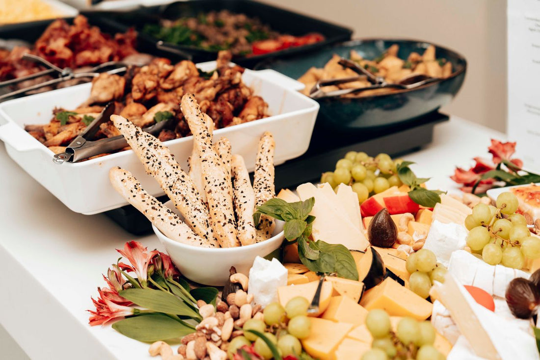 Catered buffet luncheon spread arranged for a group of guests