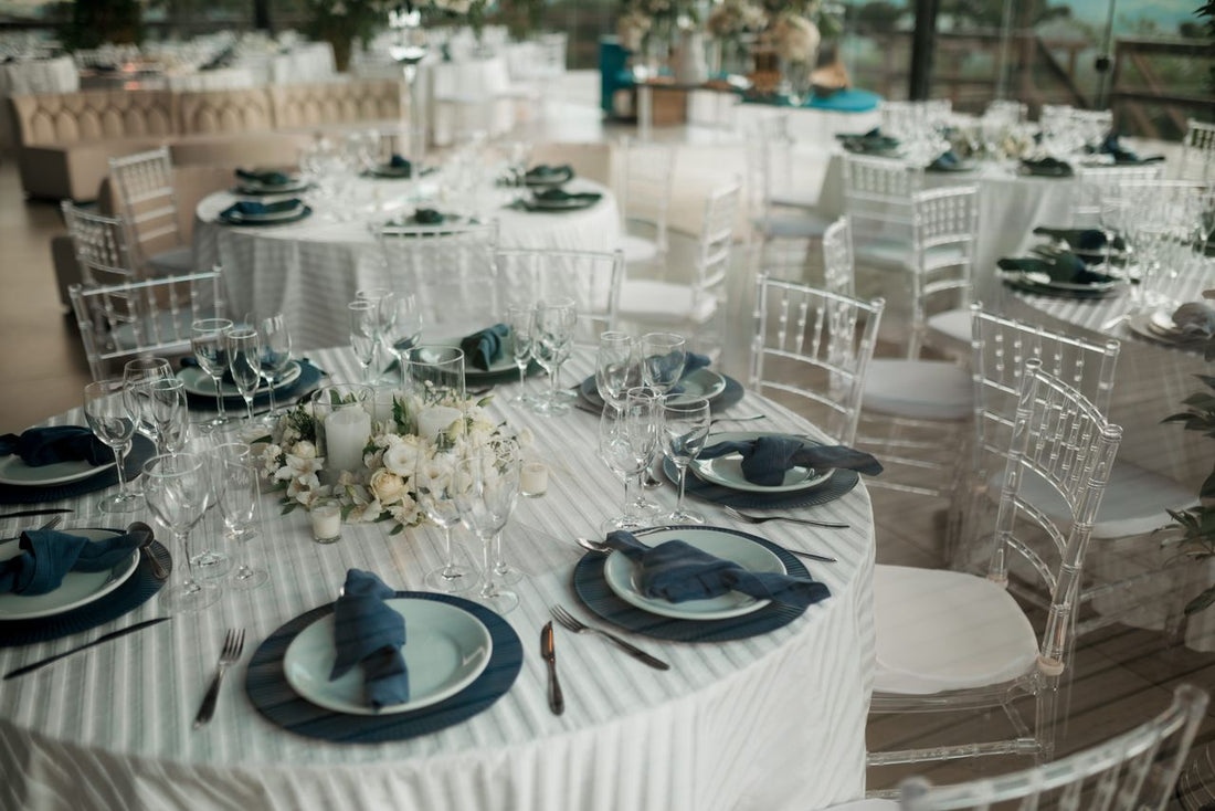 Fall wedding reception table set with blue tones